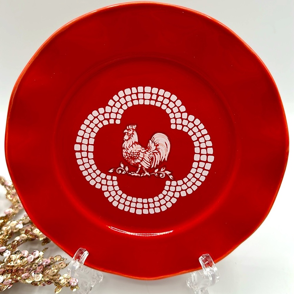 2 Temp-tations Doodle Doo Dessert Plates. Red with White Roosters. 6.5”